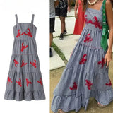 Dodobye Embroidery Plaid Long Dresses Women Sleeveless Slip Midi Dress Woman Pleated Backless Beach Dress Vintage Summer Dress