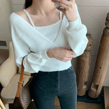 Black Friday Dodobye Autumn Fake Two-Piece Sweater Women Knitted Solid Slim Long-Sleeved Pullover Fashion Casual Sweet Pretty Style Female Tops