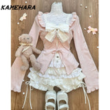 Dodobye Japanese Cute Little Fresh Camisole Y2k Subculture Pink Slimming Cardigan Fashion Patchwork Cake Skirt Three Piece Sets