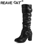 thanksgiving outfit Dodobye Classic Women Knee High Boots Round Toe Block Heels 7.5cm 51 52 Pleated Fashion Booties