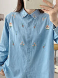 Dodobye Vintage Bear Flower Embroidery Denim Blouses&Shirts