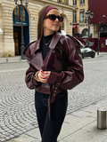 christmas outfit Dodobye 2024 Chic Wine Red Women's Lapel Leather Jacket Fashion Belted Long Sleeves Cropped Biker Coat Autumn Female New High Streetwear