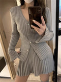 Dodobye 2025 Autumn Grey Knitted Suit for Women Korean Slim Short Cardigan Top High Waist Fashion Skirt Suit Outfit 2 Piece Set Chic