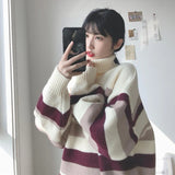 Black Friday Dodobye Zoki Turtleneck Sweaters Women Vintage Striped Fall Winter Casual Thicken Warm Preppy Pullovers Baggy All Match Knitwear Jumper