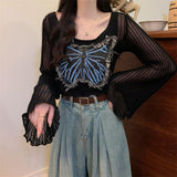 Black Friday Dodobye Butterfly Denim Patchwork Sweater Women Jazz V-Neck Flare Sleeve Hollow Out Knitted Pullover Hot Slim Sexy Cropped Tops