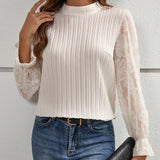 Dodobye Solid Elegant T-shirt Long Sleeve Patchwork Printed Office Lady Tops Plain O-Neck Casual White Women Pullovers