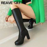 thanksgiving outfit Dodobye Sexy Women Knee High Boots Round Toe Chunky Heels 9cm Platform 2cm 45 46 47 Female Daiting Booties