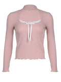 Dodobye-Long-Sleeve Scoop Neck Bow Accent Lace Trim Knit Top