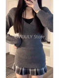 Dodobye Fashion Vintage V-neck Knitted Tops Women 2025 Early Autumn New Sweaters Mujer Y2k Grunge Slim Fit Long Sleeve Pullovers