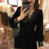 Dodobye French Vintage Dress Women Lace Velvet Black Elegant Party Dress Female Autumn 2020 High Waist Long Sleeve Midi Gothic Dress