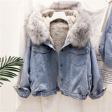 Dodobye 2025 New Winter Jacket Women Velvet Thick Denim Jacket Big Faux Fur Collar Hooded Jean Jacket Female Vintage Casual Outwear 1025