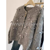 Dodobye 2025 Autumn Winter Women Temperament High Soft Mohair Knitted Cardigan Fragrant Coat Casual Tops Korean Grey Bow Sweater