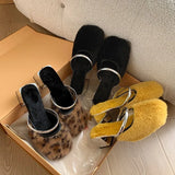 Dodobye Comfortable Soft Fur Mules Slippers Women Autumn Winter Square Heels Warm Plush Slippers Woman High Heel Faux Fur Slides