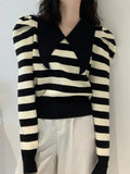 Dodobye-Striped Puff Sleeve Knit Sweater