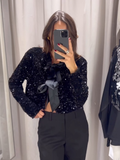 christmas outfit Dodobye 2024 New Chic Shiny Sequins Bow Lace Up Short Jacket Women's Fashion O-neck Hollow Out Slim Coats Female Festival Party Clubwear