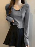 Dodobye-Solid V Neck Slit Hem Long Sleeve Knit