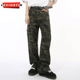 Dodobye High Street Men'S Camouflage Jeans Washed Big Pockets Cargo Trousers Straight Wide Leg Trendy Male Denim Pants New