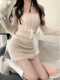 Dodobye 2025 Winter Pink Kawaii Y2k Mini Dress Faux Fur Slim Sexy Bodycon Knitted Dress Woman Elegant One Piece Dress Korean Fashion