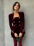 christmas outfit Dodobye 2025 New Burgundy Women's Elegant Velvet Mini Skirt Set Chic Square Neck Metal Buttons Slim Tops Suit Lady Fashion Formal Outfit