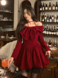 Dodobye 2025 Winter Vintage Red Velvet Short Party Dress Woman Bow Elegant Y2k Mini Dress Lolita Kawaii One Piece Dress Korean Fashion