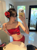 Dodobye 2025 Summer Red Sexy Holiday Dress Suit Hot Girls 2000s Sweet Casual Camios + Elegant Fashion Midi Skirt Beach Style Clothing