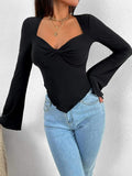 Dodobye-Solid V Neck Ruched Irregular Hem Knit Long Sleeve Tee