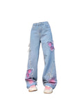 Dodobye Women's Blue Butterfly Jeans Baggy Vintage Y2k Denim Trousers 2000s Harajuku Wide Leg Cowboy Pants Trashy 90s Aesthetic Clothes