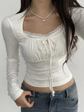 Dodobye-Lace Trim Shirred Lace Up Long Sleeve Tee