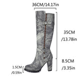 thanksgiving outfit Dodobye Women Knee High Boots Print Round Toe Block Heels 8.5cm Buckles Zip Extra Big Size US17 49 48 Vintage Riding Booties