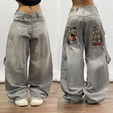 Dodobye Aesthetic Gothic Pattern Embroidery Casual High Waist Jeans y2k baggy Korean Streetwear Women Punk Rock Pants Autumn and Winter