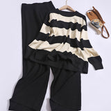 Dodobye Contrast Color Striped Split O-Neck Long Sleeved Tops and High Waist Casual Wide Leg Pants Suit Fashion Women Two-piece Set