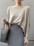 christmas outfit Dodobye Batwing Sleeves High-Low Solid Color Boat Neck Knitwear Pullovers Sweater