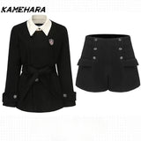 Dodobye Japanese Shibuya Streetwear Black Suit Jacket for Women Autumn Winter Small Waist College Style High-end Two-piece Sets