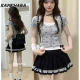 Dodobye Japanese Harajuku Sexy V-neck Horn Long Sleeve Lace Tees High Waist Bag Hip Half Body Leather Skirt Y2k Two Piece Set