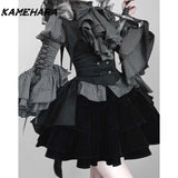 Dodobye Japanes Gothic Style Striped Hime Strap Lolita Ears Lamb Hair Coat Plush Plaid Inner Top Half Skirt Girl Socialite Sets