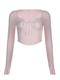 Dodobye-Long Sleeve Square-Neck Lace-Trim Bow Accent Crop Top