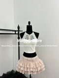 Dodobye Autumn Sweet Kawaii Women Outfits Y2k V Neck Thin Tops + Sexy Slim Lace Vest + Cute High Wasit Mini Cake Skirt New 3 Piece Sets