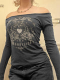 Dodobye-Vintage Heart Print Off Shoulder Long Sleeve Tee