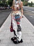 Dodobye Women's White Baggy Graffiti Print Jeans Harajuku Denim Trousers Japanese 2000s Style Y2k Vintage Jean Pants Emo Trashy Clothes