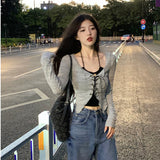 Dodobye Korean Two Piece Suit Suspender Cardigan Women's Autumn Sexy V-neck Slim Y2K Crop Long Sleeve Cross Bandage Knit Tops