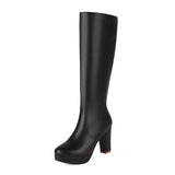 thanksgiving outfit Dodobye Sexy Women Knee High Boots Round Toe Chunky Heels 9cm Platform 2cm 45 46 47 Female Daiting Booties