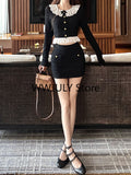 Dodobye 2025 Autumn Vintage Black 2 Piece Set Skirt Casual Sweater Tops + Sexy Bodycon Mini Skirt Korean Fashion Knitted Suit Woman Slim