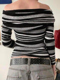 Dodobye-Contrast Color Striped Off Shoulder Slim Sweater