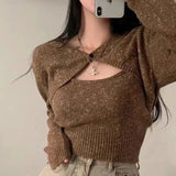 Black Friday Dodobye Knitted Sweater Two-Piece Set Women Fall Sexy Camis Shawl Chic Harajuku Solid Slim High Street Jumpers One Button Skinny Shirt