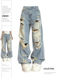 Dodobye Women's Blue Y2k Ripped Jeans Harajuku Oversize Denim Trousers Vintage Punk Baggy Jean Pants Japanese 2000s Style Trashy Clothes