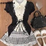 Dodobye College Style Sweet Witch Black Waist Cinching Fake Two-piece Shirt Gray Patchwork Lace Plaid Short Skirt Sets Платье