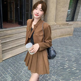 thanksgiving outfit Dodobye Maillardchamois Leather Vintage Korean Style Cropped Mini Dress 2024 Autumn New Arrival Women's Top Jacket Suit