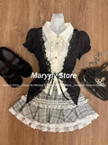 Dodobye 2025 New Japanese Sweet Preppy Style Outfits 2 Piece Set Women Vintage Kawaii Lace Patchwork Tops + Plaid Slim Mini Skirt Female