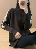 christmas outfit Dodobye High-Low Long Sleeves Contrast Color Split-Joint Split-Side High Neck Pullovers Sweater Tops