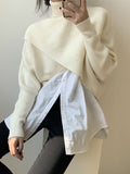 christmas outfit Dodobye Long Sleeves Asymmetric Solid Color Split-Front High-Neck Knitwear Pullovers Sweater